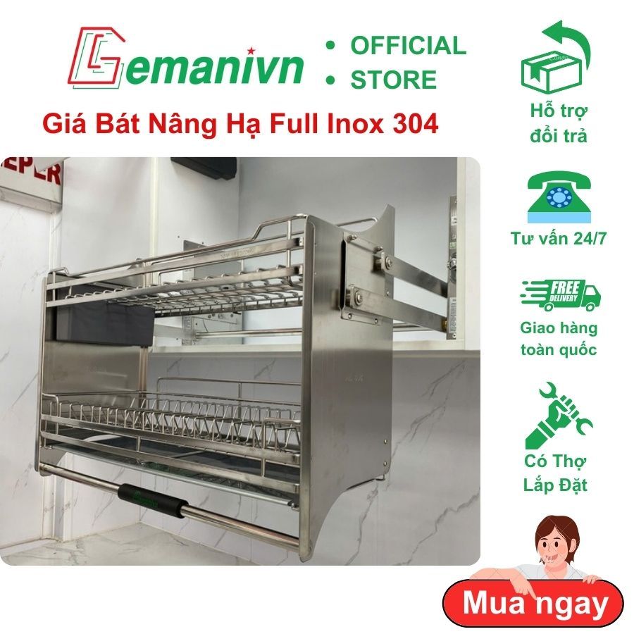 Giá bát nâng hạ Full inox 304 chính hãng Gemanivn. Kệ để bát tủ trên cao cấp kèm giỏ đũa