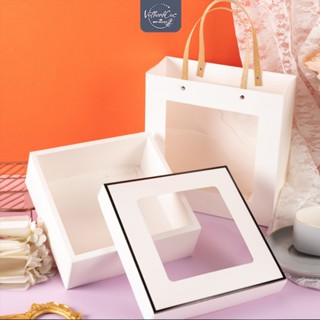 [HỘP + TÚI + NẮP] Hộp quà mặt kính quai xách 23x23x8.5cm -hộp đựng quà tặng ô cửa trong suốt