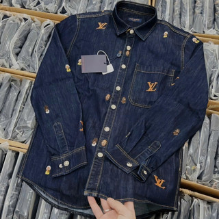 Áo Sơ Mi Denim Thêu LV Thú Cưng ❤ Sơ Mi Bò Dày Dặn Dáng Rộng Nam Nữ NA721