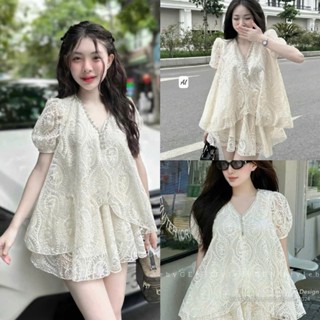 Set váy BABYDOLL tiểu thư tông màu kem xinh iu cho nàng đi chơi, set áo ren thiết kế thêu hoa cổ V tay bồng mix váy xòe