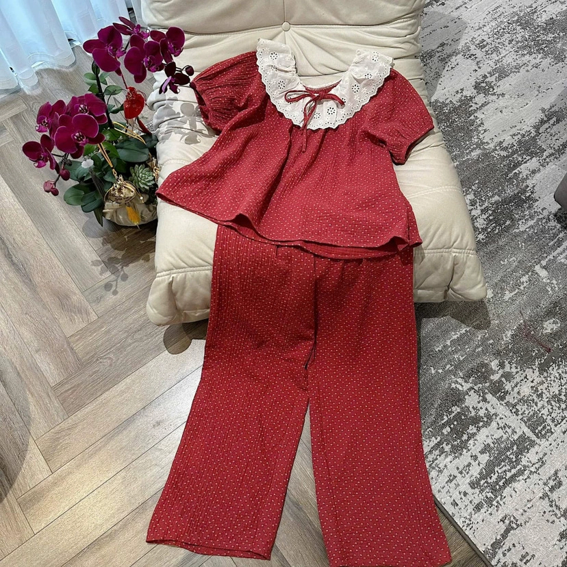 Bộ Cotton Thô Mặc Nhà Pijama Nữ Chất Thô Quảng Châu Cao Cấp Mát Mềm Mịn Elsa Pijama