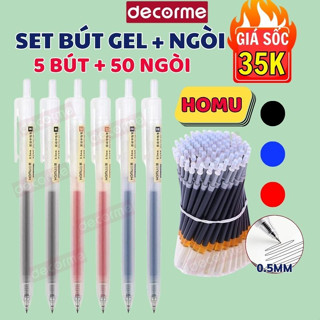 Set 5 bút 50 Ngòi Bút gel bấm Simple Dupe Muji mực đen 0.5mm tặng 10 ngòi DecorMe Bút gel bấm mực đen xanh đỏ ngòi 0.5