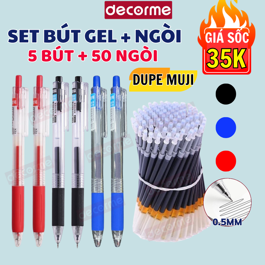 Set 5 bút 50 ngòi Bút muji dupe Decorme bút bấm ngòi 0.5 thân trong suốt đen xanh đỏ viết đều mực kh