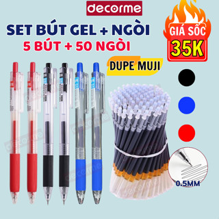 Set 5 bút 50 ngòi Bút muji dupe Decorme bút bấm ngòi 0.5 thân trong suốt đen xanh đỏ viết đều mực khô nhanh