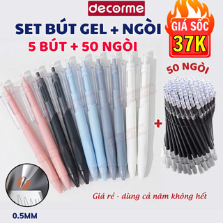 Set 5 bút 50 Ngòi Bút Bi gel bấm trắng Decorme bút gel đen viết mực đen bút gel bấm ngòi 0.5mm viết trơn mượt