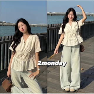 [ÁO 2 Lớp/ SẴN] ÁO SƠ MI BABYDOLL CỔ V HOẠ TIẾT NƠ NHỎ VIỀN EO BO CHUN HÀN QUỐC SM4