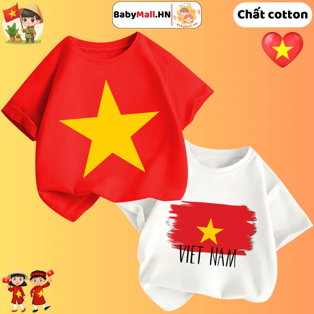 Áo thun Cờ Đỏ Sao Vàng Việt Nam cho bé trai bé gái BabyMall áo phông cờ Việt Nam cho bé chất cotton