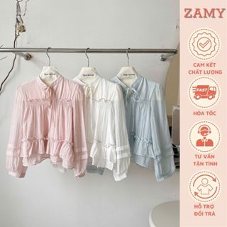 Áo sơ mi nữ kiểu dài tay bèo tầng thắt nơ chất voan tơ mềm mịn kiểu dáng basic dễ phối đồ đi chơi, đi tiệc