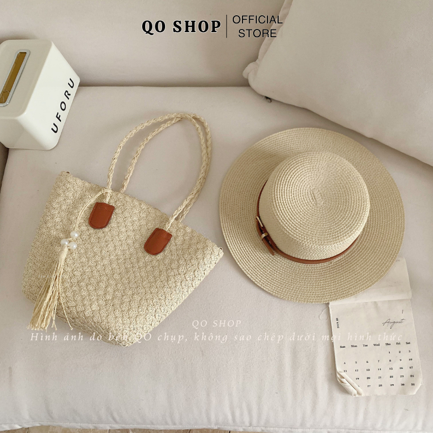 Set Túi Mũ Cói Tua Rua Mix Ngọc, Mũ Đai Da Đi Biển Đi Chơi Đều Xinh T01M01 QO SHOP