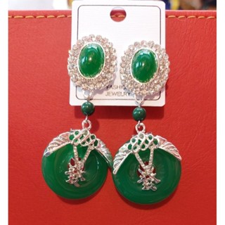 Đôi hoa tai tròn dạng kẹp màu xanh . Trang phục phụ kiện Hầu Đồng