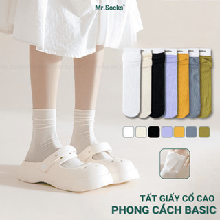 Tất nữ cổ cao hút ẩm thoáng khí Mr.Socks, vớ trơn nữ cổ cao chất cotton mỏng nhẹ, co giãn bền form - GIAY-KOL-1304-1DOI