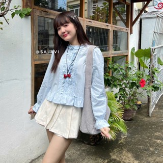Áo kiểu nữ croptop phối viền bèo, áo xô dài tay dễ thương Salavi N1 009