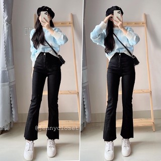  Quần jean ống loe nữ lưng cao - quần bò ống loe cắt gấu màu đen ống đứng mặc đi học làm công sở chơi đẹp cá tính 