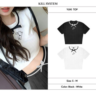 Áo thun croptop Yuki cổ đính nơ hình thêu thỏ Kill System chất thun len hàn co giãn màu trắng, đen