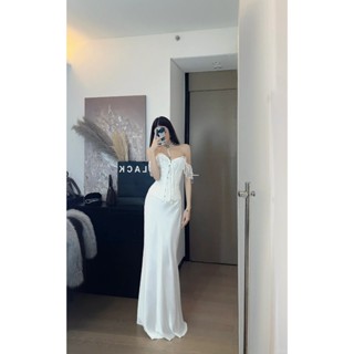  CORSET STORY- Set áo corset trễ vai ren mix chân váy lụa dài sang chảnh đủ màu full size siết eo 