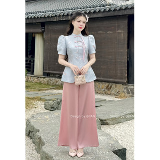 Pháp phục nữ chính hãng Giian thiết kế áo dáng ôm tay bồng phối cổ trụ đính cúc tàu xẻ tà phối quần lụa AO1500 QU0096