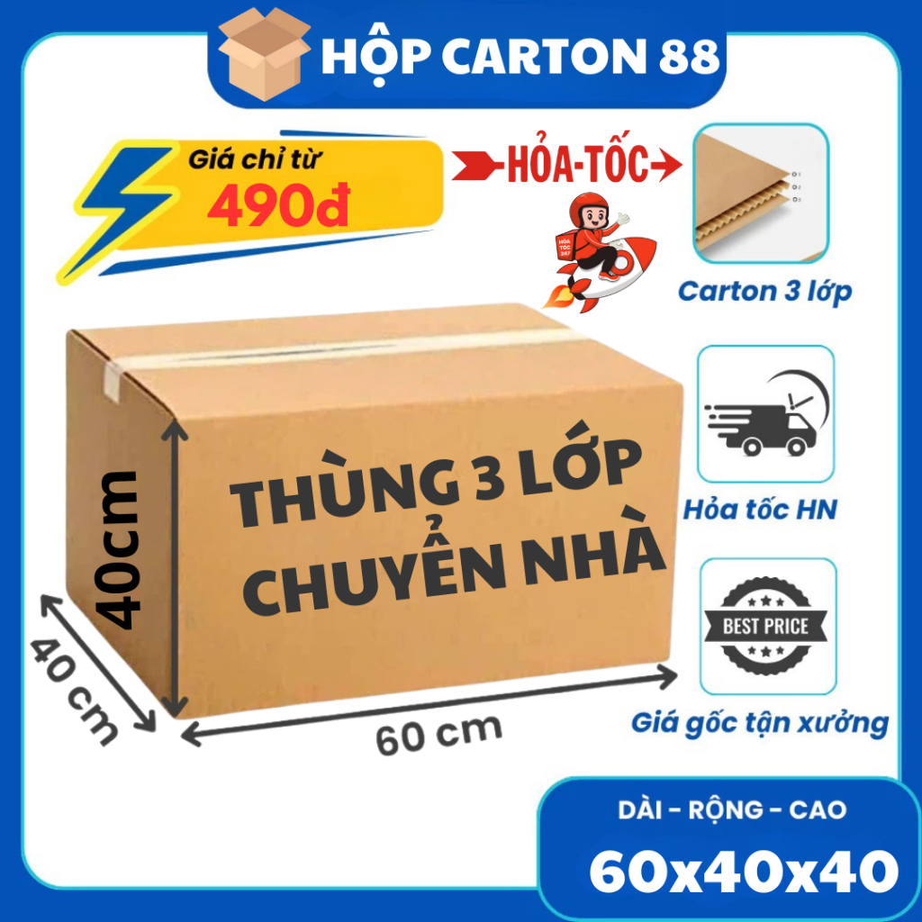60x40x40 [COMBO] 5 Thùng carton Giấy 3 Lớp, thùng chuyển nhà, thùng đóng hàng