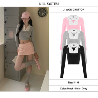 Áo croptop tay dài Killsystem phối cổ sơ mi 3 màu đen, hồng, xám Ji Won