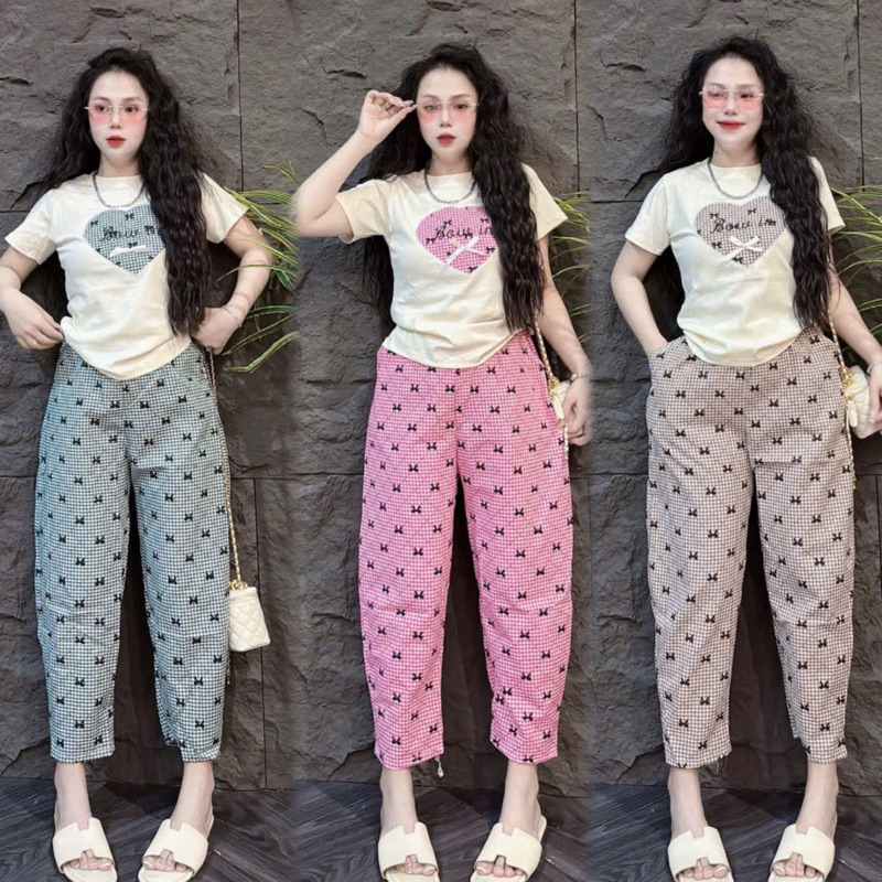 Set Áo Thun Tăm Hình Thêu Trái Tim Quần Baggy Nơ - HN Closet