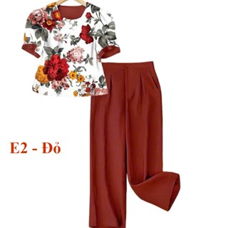 Bộ đồ Nữ thời trang họa tiết hoa sang trọng, Áo vải lụa hàn quần vải đũi cao cấp thoáng mát size 45-75kg