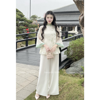 Pháp phục nữ Giian thiết kế áo cổ lệch đính ngọc vai cách điệu họa tiết thêu thủ công phối quần lụa AO1503 QU0096
