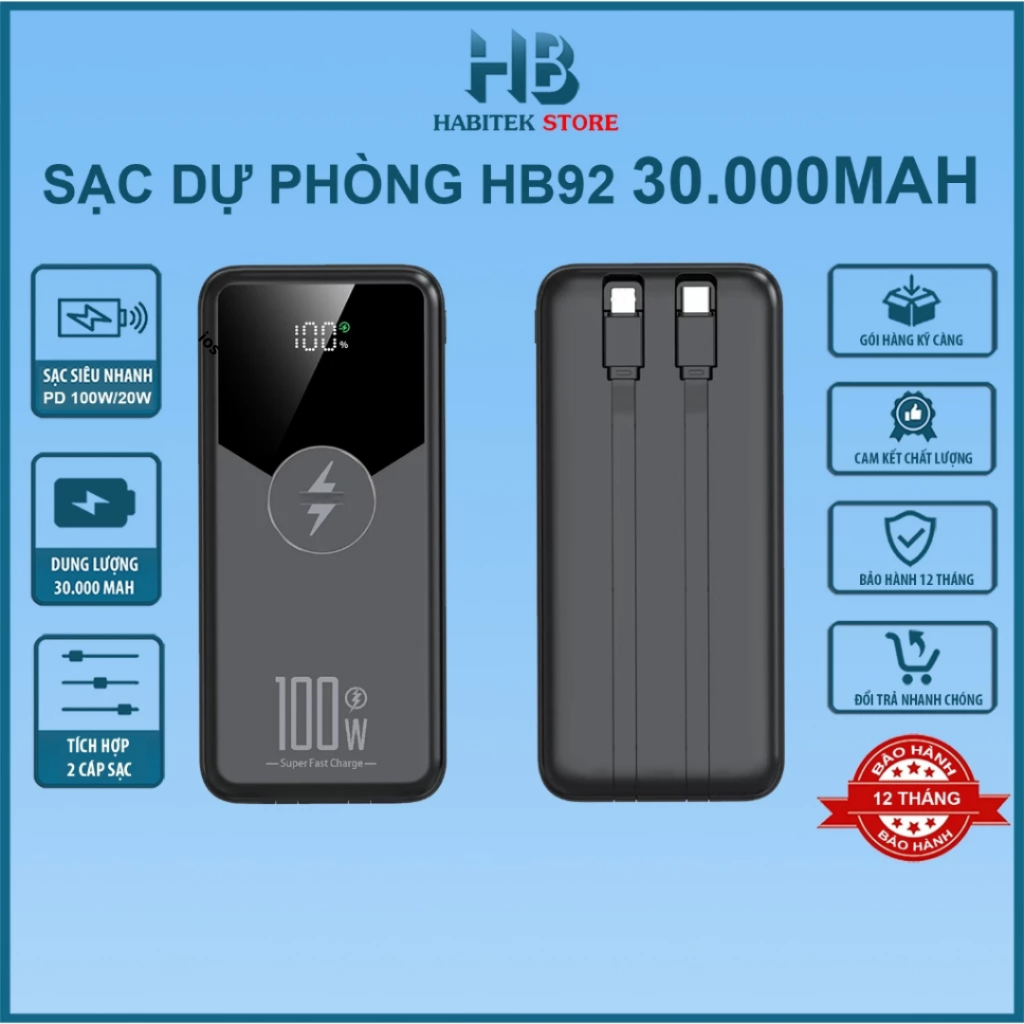 Sạc Dự Phòng 30000mah và 50000mah HABITEK HB92 Sạc Nhanh 100W, Tích Hợp Dây Sạc, Sạc Mọi Loại Máy Điện Thoại, BH 6 Tháng