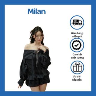 Váy Trễ Vai Kẻ Tay Phồng Dáng Bí Bo Chun Eo Kèm Quần Đùi Rời (V105)