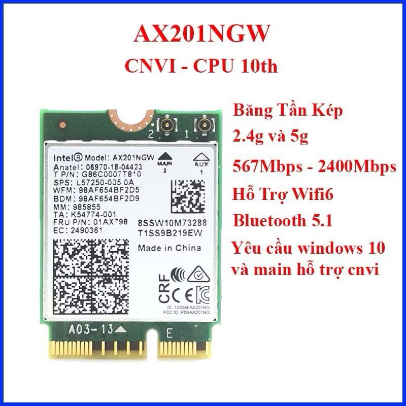 Intel AX201, M.2 wifi card băng tần kép 2.4G và 5G, Wifi 6 tốc độ 3000M, bluetooth 5.2