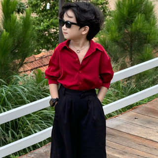  Áo Sơ Mi Lụa Đỏ Dày Dặn Thoáng Mát Quần Suông Dáng Rộng Cho Bé Trai   Bé Gái Cá Tính . 