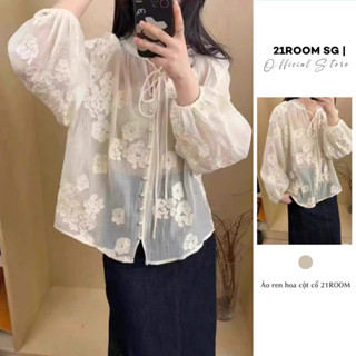 A224 [TẶNG QUÂY] Áo Babydoll Tay Dài Cột Cổ Chất Voan Hoa Thêu Cúc Ngọc 21ROOM Tiểu Thư Đi Chơi Đi Làm