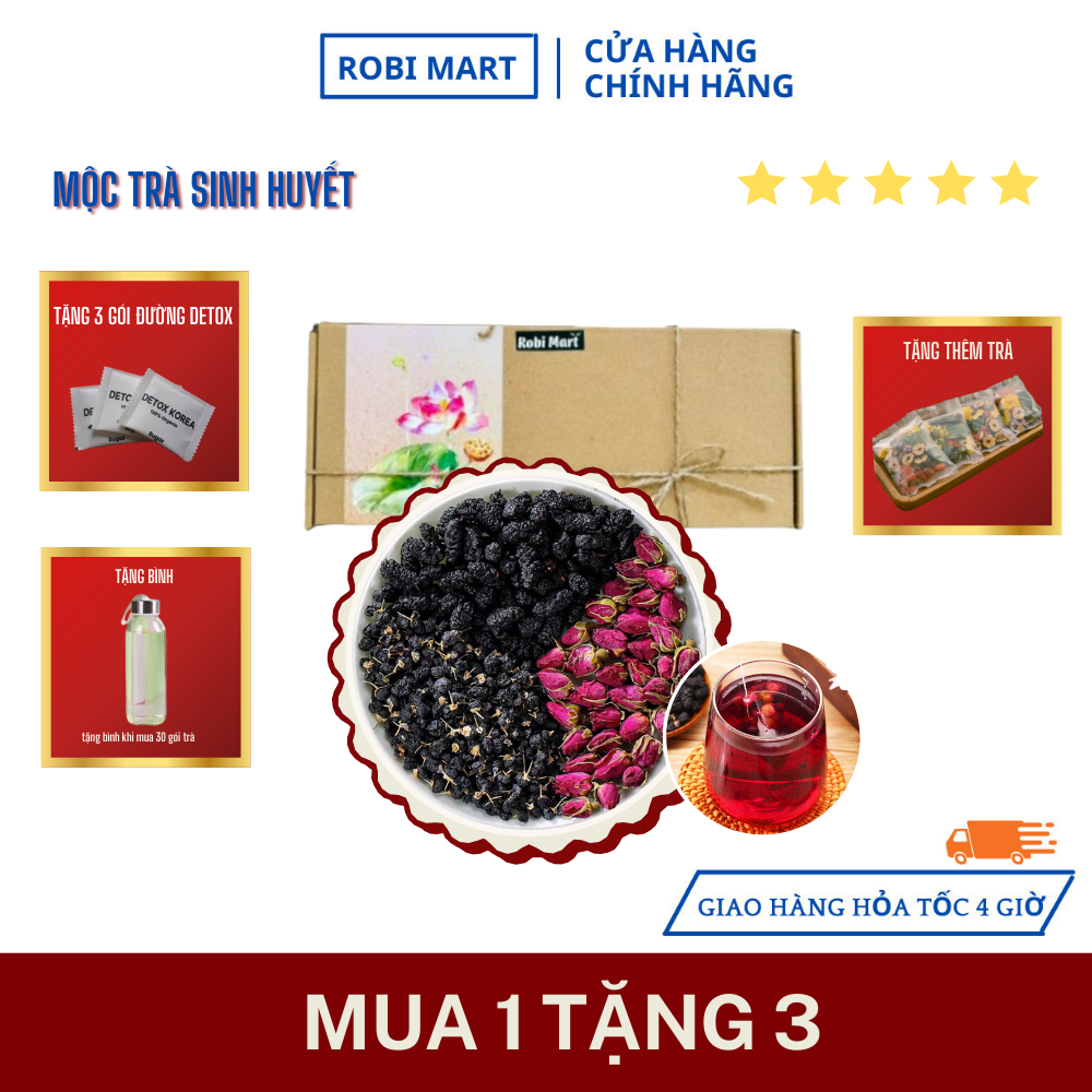Mộc trà sinh huyết robimart (hắc kỷ tử, nụ hồng, dâu tằm) đẹp da - set 10, 20, 30 gói