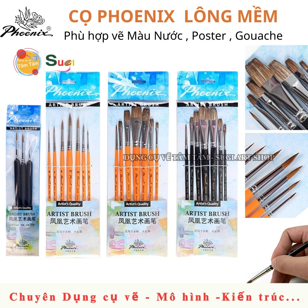 [ Sugi Art Shop ] Bộ Cọ Phoenix Lông Mềm - Phù Hợp Vẽ Màu Nước , Màu Poster , Màu Bột , Màu Gouache