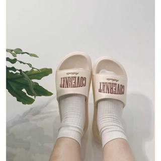 DÉP RENCHO Cover D10 nam nữ màu KEM CHỮ NÂU QUAI NGANG ĐẾ CAO 4CM mang couple êm ái nhờ vào EVO FOAM