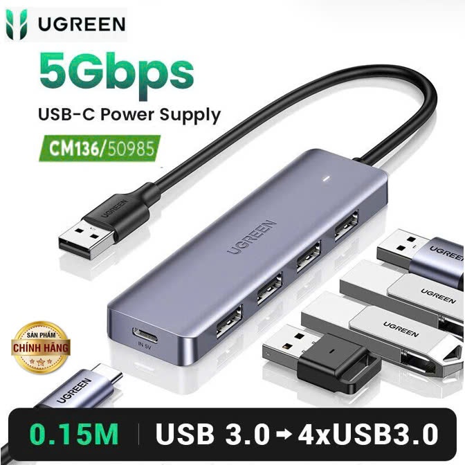 Bộ chia USB to 4 cổng Ugreen 50985 CM219 Cao Cấp (USB 3.0 5Gbps trợ nguồn USB C 5V)