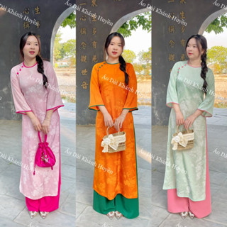 Áo dài cách tân Gấm Tơ Đào Hạc cổ tròn dáng suông đính cúc tay loe mềm mại đi lễ tết đám cưới - Áo Dài Khánh Huyền
