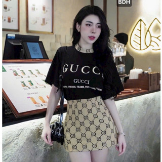 set đồ nữ sang chảnh,áo phông nữ girl phố in chữ mix chân váy chữ a D15