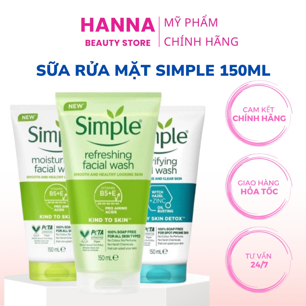 Sữa Rửa Mặt Simple, Srm Dạng Gel Dịu Nhẹ Cho Da Dầu Mụn, Nhạy Cảm, Hanna Beauty Store