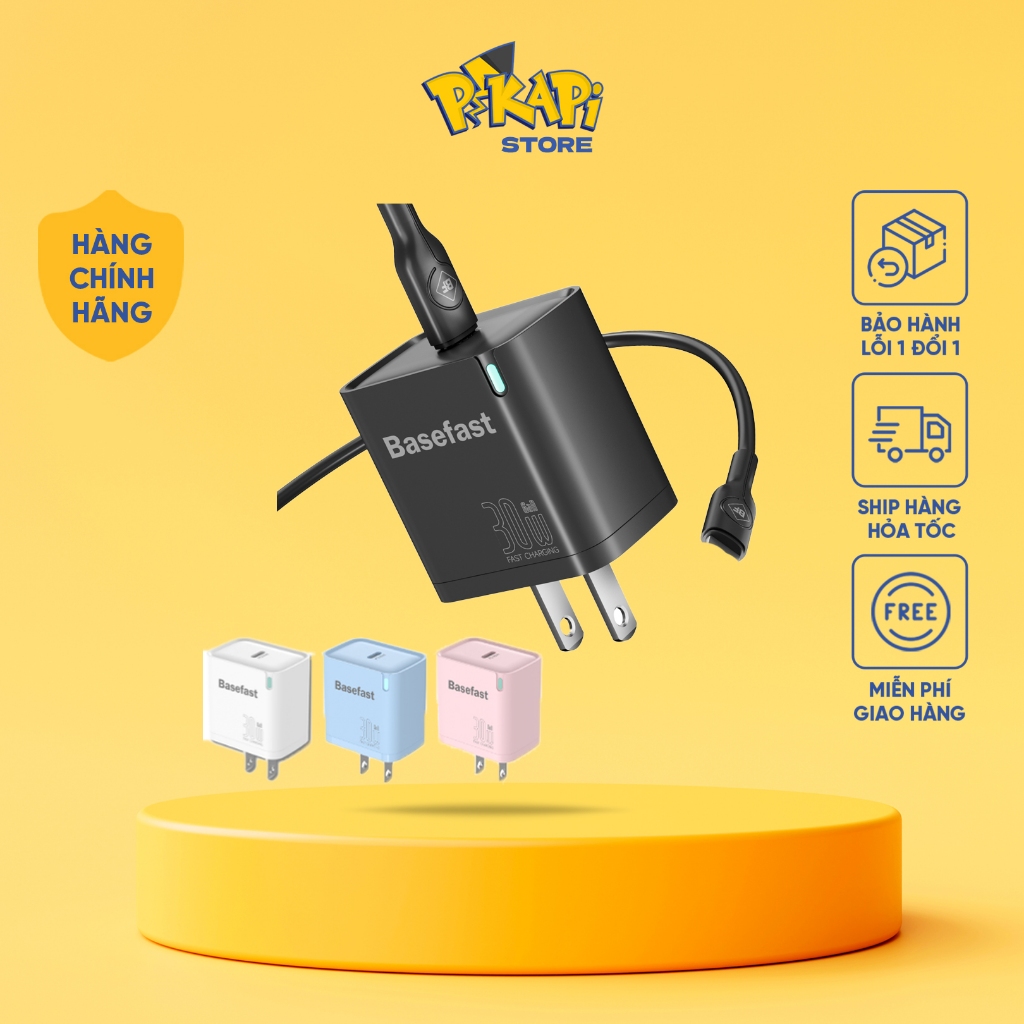 Bộ sạc nhanh 30W C to L BASEFAST: bảo hành 2 năm, củ GAN 30W, dây 1m