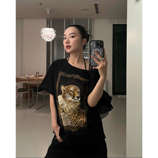 LEO TEE Good Letter H Áo Thun Nữ Lệch Vai Oversize Leopard
