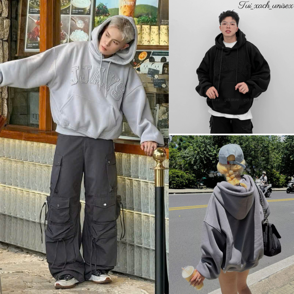 Áo hoodie nam nữ thêu đắp vải JJAYS form rộng mũ to có túi giữa trẻ trung phong cách - UNISEX C1