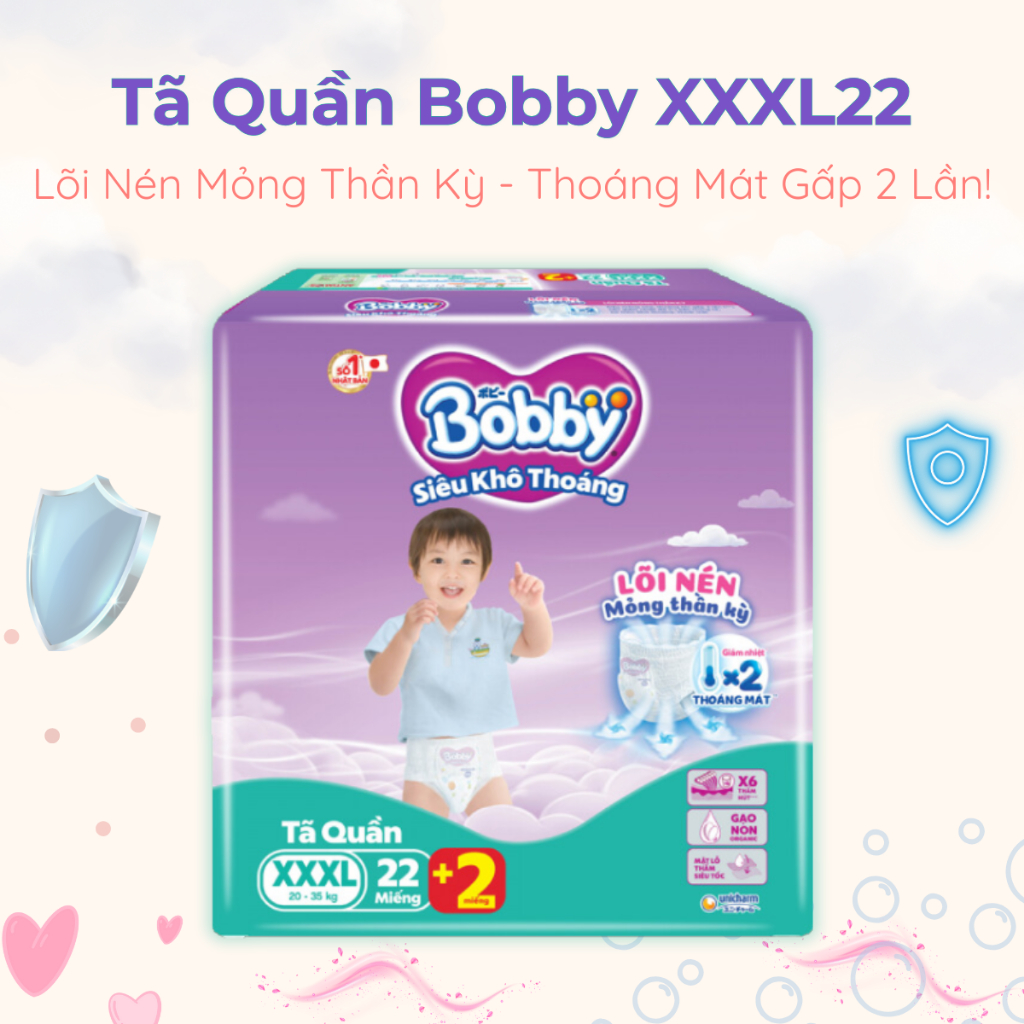 Tã Quần Bobby Siêu Khô Thoáng – Lõi Nén Mỏng, Êm Mềm, Thấm Hút Tốt, Size XXXL (22+2 Miếng)
