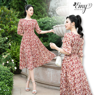 Đầm Thiết Kế EMY Thời Trang Cao Cấp Thanh Lịch EM7276 Dáng Xoè Cổ Tròn Tay Lỡ, Công Sở, Dự Tiệc