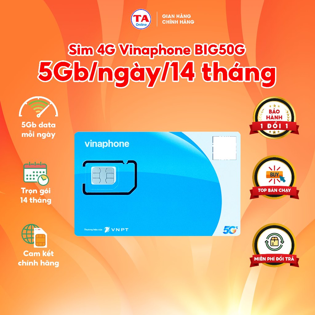 Sim 4G Vinaphone Trọn Gói 14 Tháng BIG50Y - Có 5Gb Tốc Độ Cao Mỗi Ngày - Không Phải Nạp Hàng Tháng