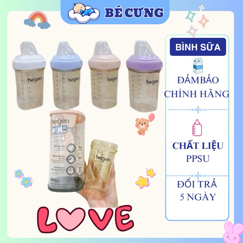 Bình sữa Hegen 240ml cho bé 3-6 tháng núm ti size M chính hãng full box