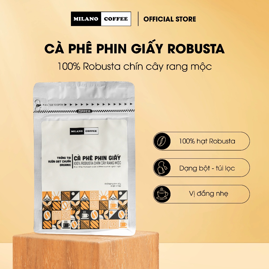Cà phê phin giấy Robusta chín cây rang mộc Milano Coffee