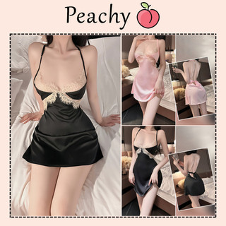  Váy ngủ lụa phối ren hở lưng sexy gợi cảm đầm 2 dây cột sau đen hồng siêu xinh quyến rũ PEACHY P186 