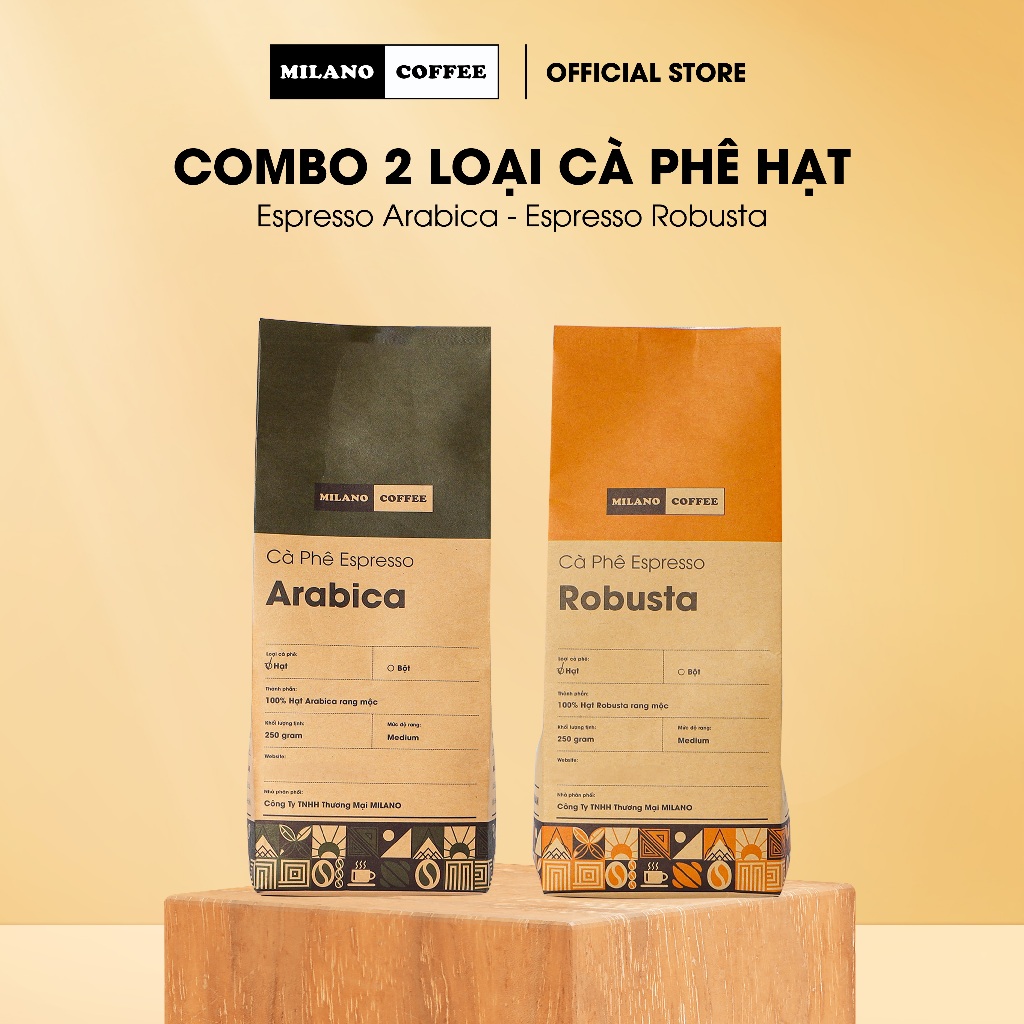 Combo 2 gói Cà phê hạt rang mộc Milano loại Espresso Arabica & Espresso Robusta 250g