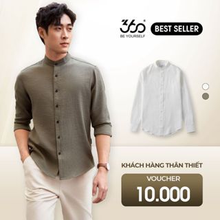 Áo sơ mi nam cổ tàu dài tay 360Boutique somi cổ trụ dáng rộng chất liệu đũi xước cao cấp - STDOL419