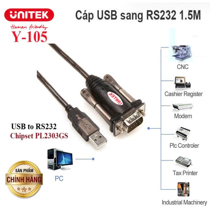 Cáp USB to Com Unitek Y-105 VEGGIEG V-U401 (USB to RS232 dài 1.5M)