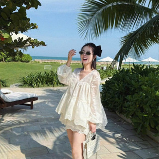 set ren be kem cổ V áo thụng babydoll mix quần short ống rộng thiết kế basic TỰ MAY LẠI, Set bộ dài tay cổ V đi biển lip